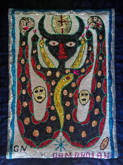 Gus Nul (G.N)- Haitian Sequined  and Beaded Voodoo Flag on Satin, 2016 "Damballa" #1MFN 37.5"x28"