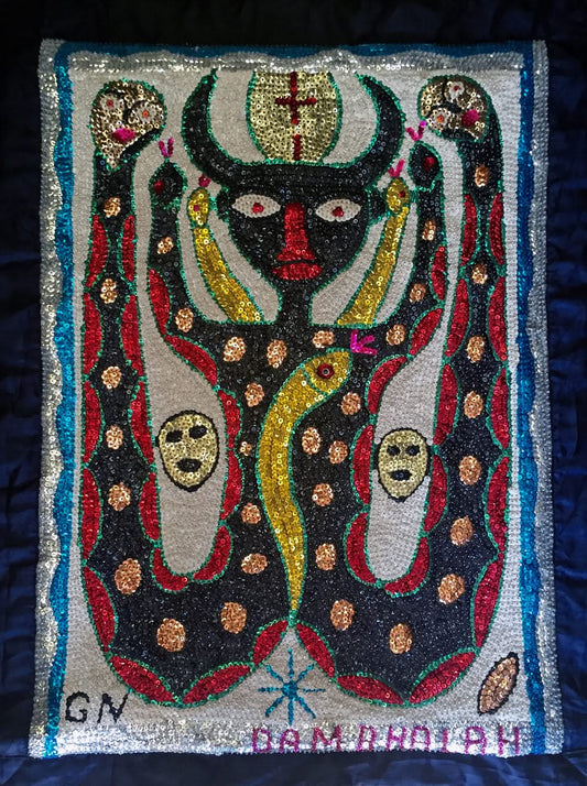 Gus Nul (G.N)- Haitian Sequined  and Beaded Voodoo Flag on Satin, 2016 "Damballa" #1MFN 37.5"x28"