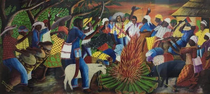 Wilmino Domond 12"x36" Vodou Ceremony Oil on Masonite 1970 #1GN-HA