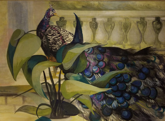 Roland Dorcely (1930-2017) 68"x48" Peacock in Garden 1987 Oil on Masonite Framed#1MFN
