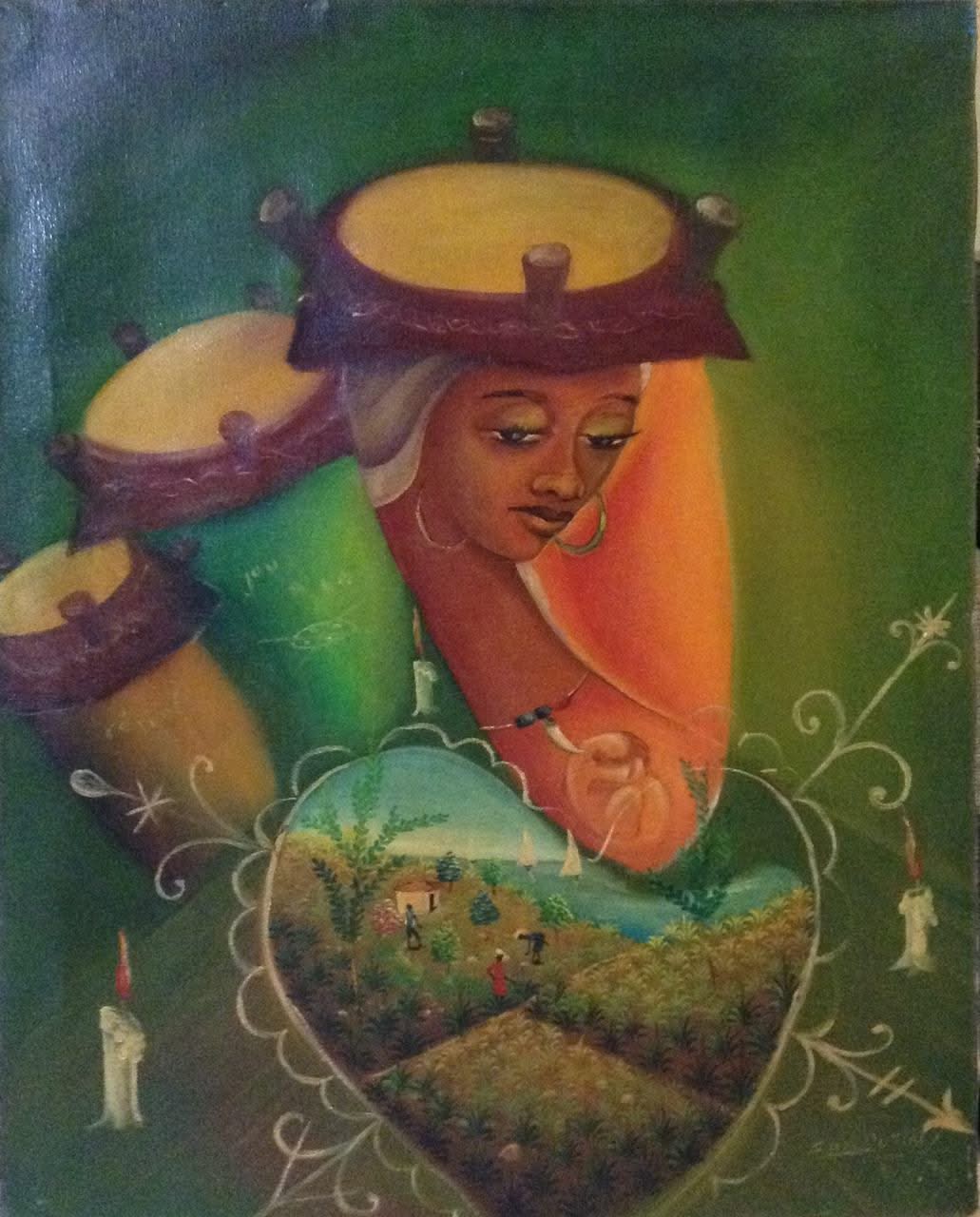 Emmanuel Dostaly 30"x24" The Lady & the Drums 1980 Oil on Canvas Painting #2-2-95MFN