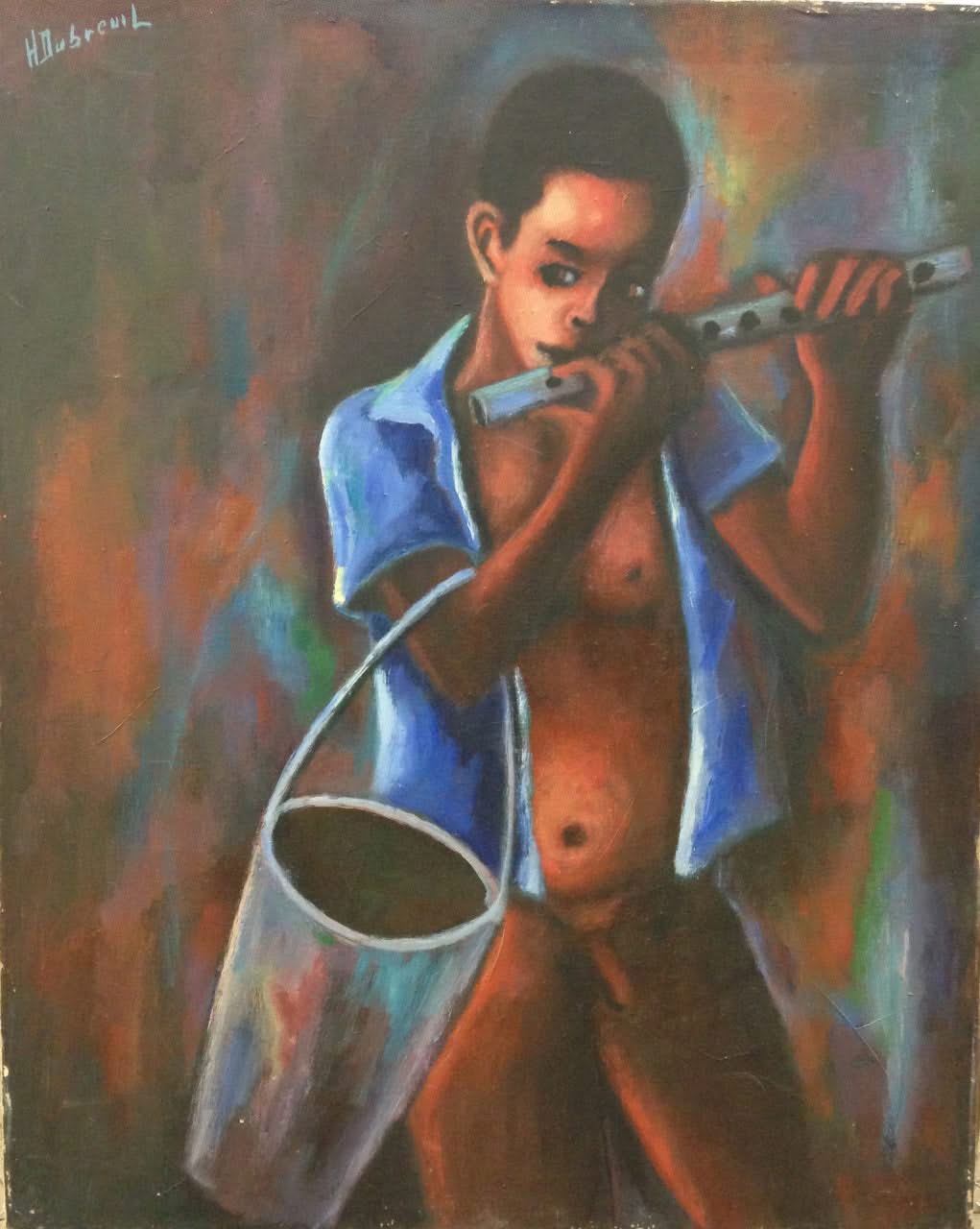 Henry Dubreuil 30"x24" 1980 Grade A "Joueur de Flute" Oil on Canvas Painting #1-2-95MFN