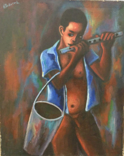 Henry Dubreuil 30"x24" 1980 Grade A "Joueur de Flute" Oil on Canvas Painting #1-2-95MFN