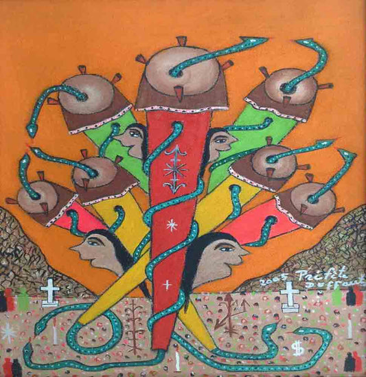Prefete Duffaut (1923-2012) 16"x12" 2005 "Drums and Serpents" Oil on Canvas #2597GN-HA