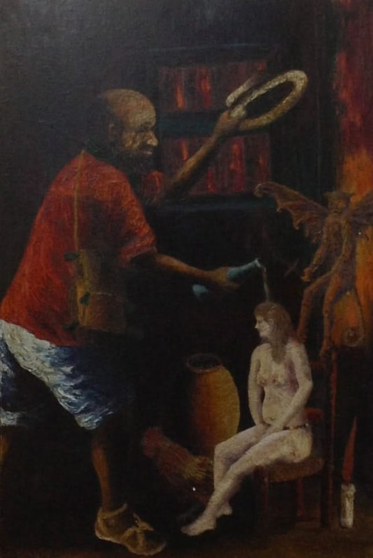 Celestin Faustin (1948-1981) 21"x 32" Voodoo Initiation Oil on Masonite #2603-GN-HA