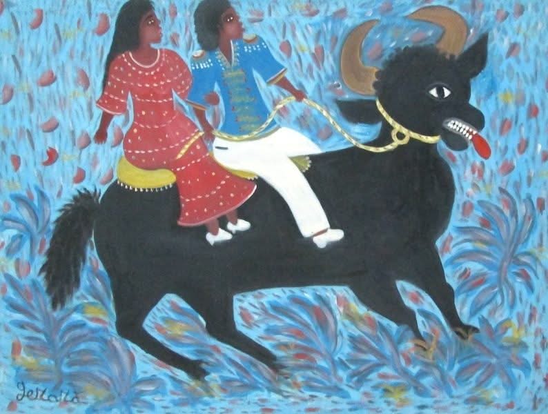 Gerard Fortune 30"x40" The Couple On A Bull Acrylic on Canvas  #J114