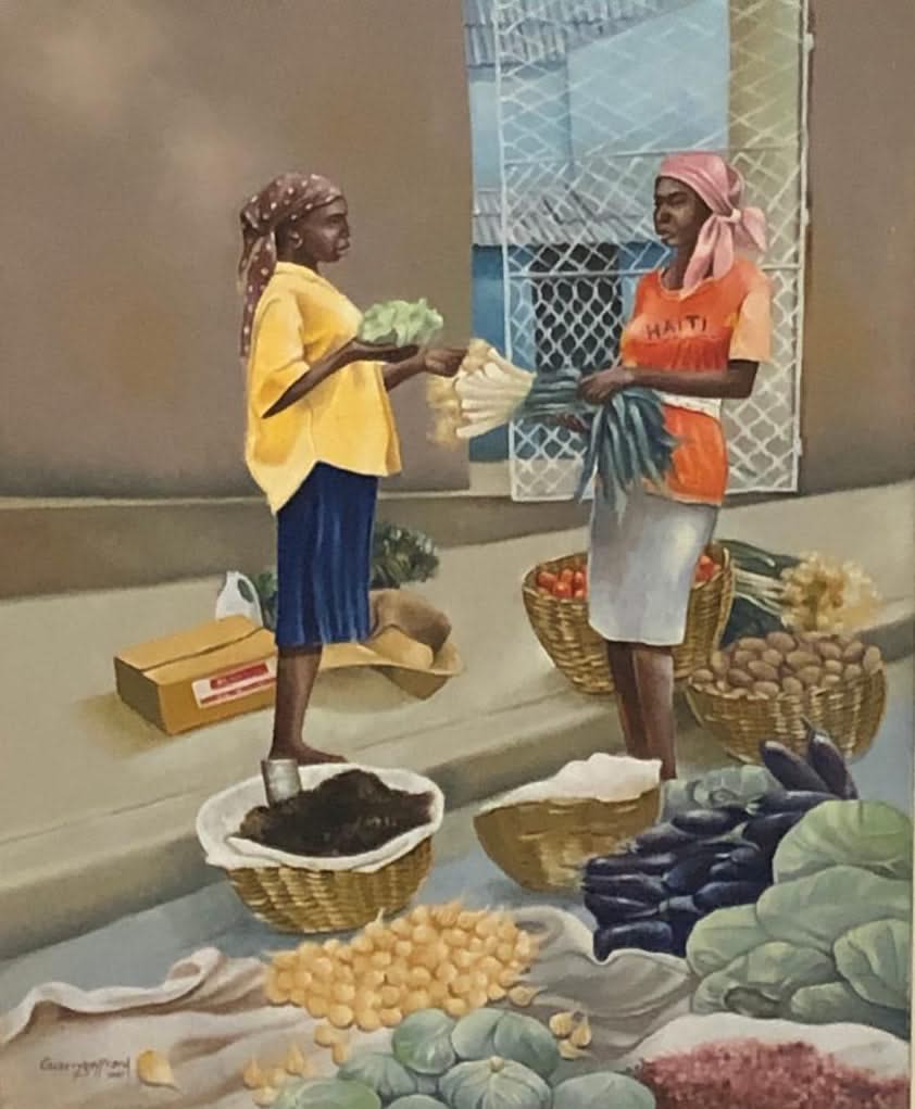 Guarrybe Geffrard 20"x16" Bargaining 1997 Acrylic on Canvas Framed#1FC