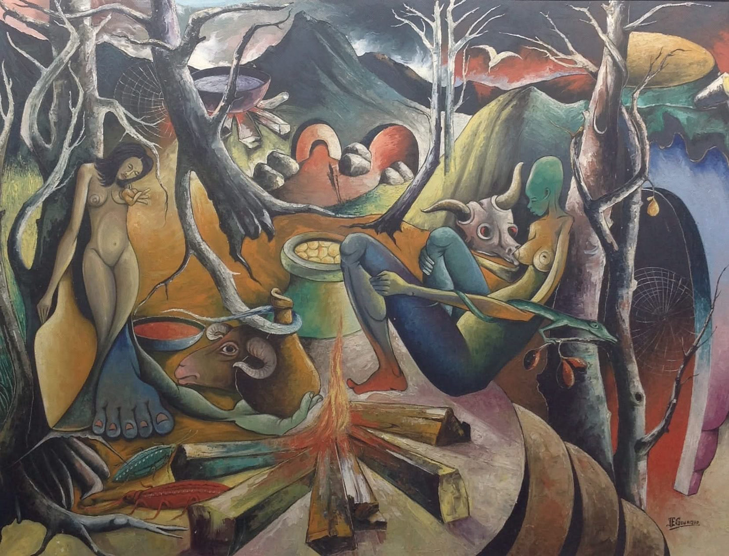 Jacques Enguerrand Gourgue 36"x48" Voodoo Scene c1960 Oil on Board #32-2-96GN-HA