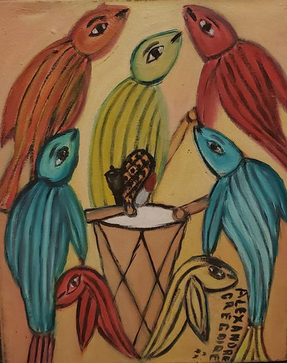 Alexandre Gregoire (1922-2001) 10"x8" Musician Birds Oil on Canvas Unframed Painting #1MF