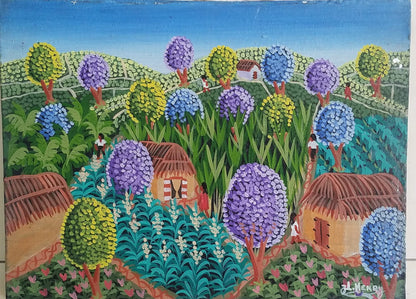 Jacques-Lionel (J.L.) Henry 12"x16" Rural Scene/ Four Houses C1980 Oil on Canvas #8JN-HA