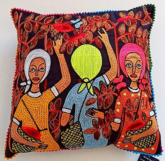 Jose Morillo 20"x20" Coffee Pickers Black Background Cotton Embroidery For Cushion#15JM-DR