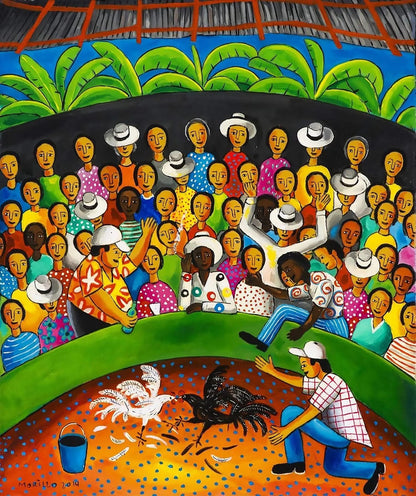 Jose Morillo 30"x24" Cockfight 2014 Oil on Canvas #6JM-DR
