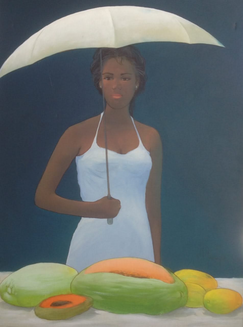 Juan Plutarco Andujar (1931-1995) 30"x40" Morena Con Sombrillas Y Lechoza Oil on Canvas #4FN