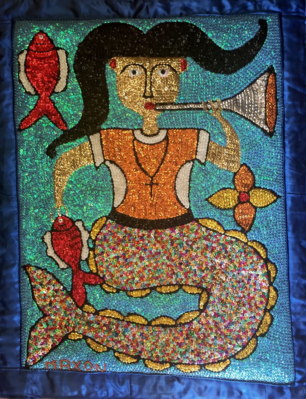Maxon Scylla- Haitian Sequined  and Beaded Voodoo Flag on Satin, 2016 "La Sirene" #2MFN 34"x26"