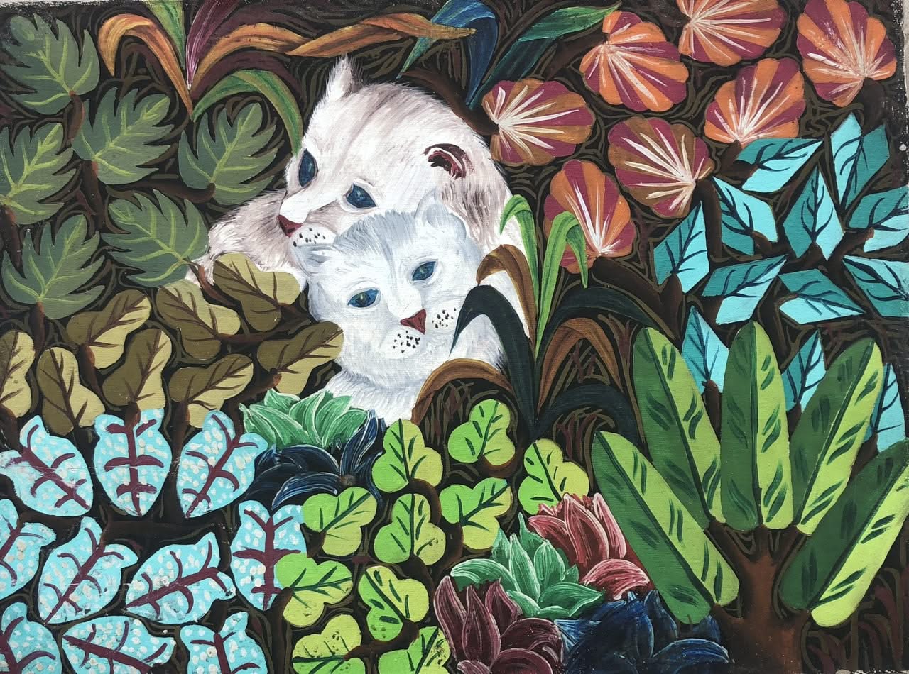 Raymond Lafaille 12"x16" Two White Cats c1980 Oil on Canvas #1JN-NY