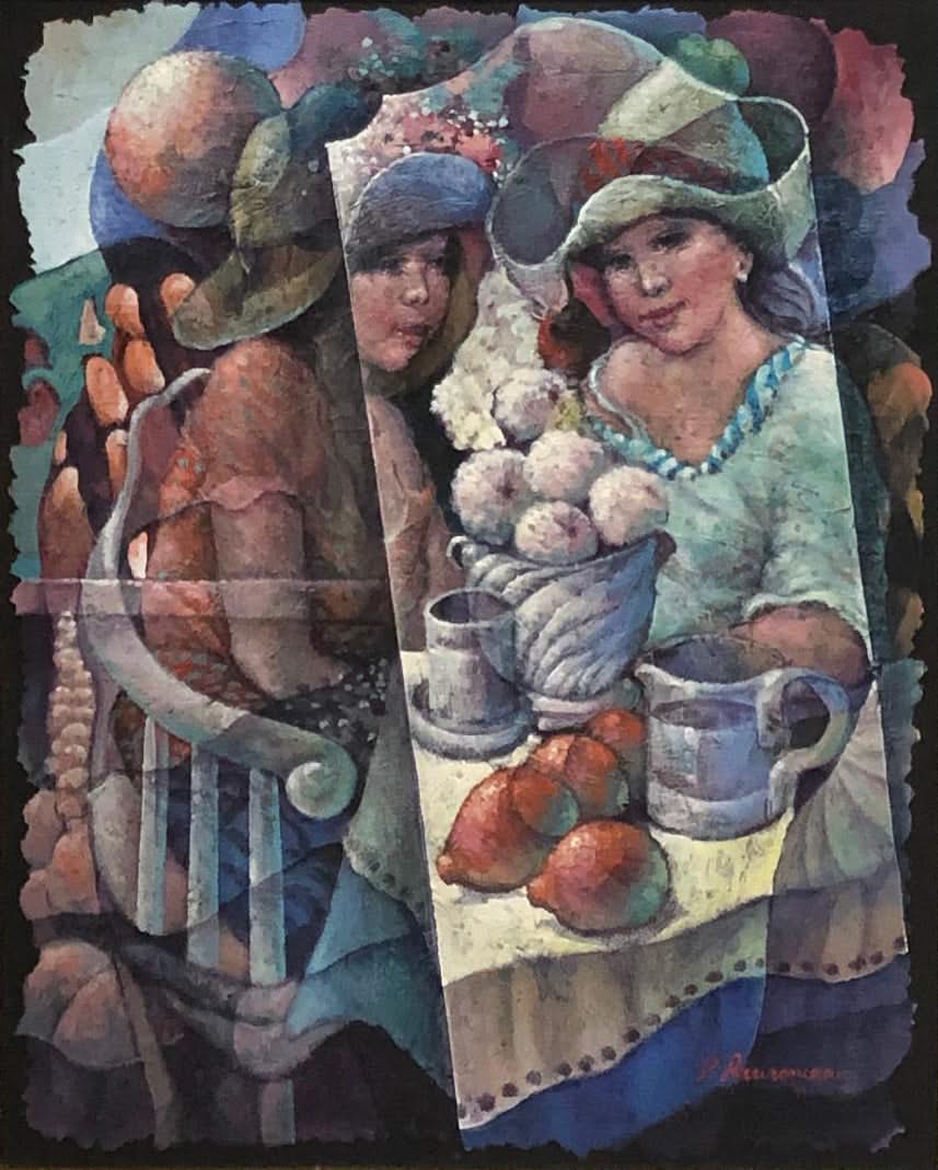 Lyonel Laurenceau 30"x24" Lunch Between Friends 1991 Acrylic on Canvas Framed #2FC