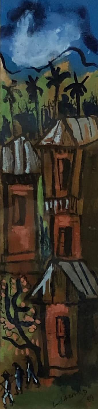 Luckner Lazard (1928-1998) 12"x3" Houses & Trees 1988 Watercolor on Hard Paper Framed  Under Glass #1FC