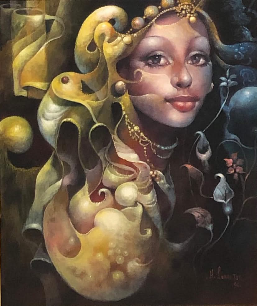 Hervé Lebreton 24"x20" Lady/Shell 1996 Acrylic on Canvas Framed #2FC