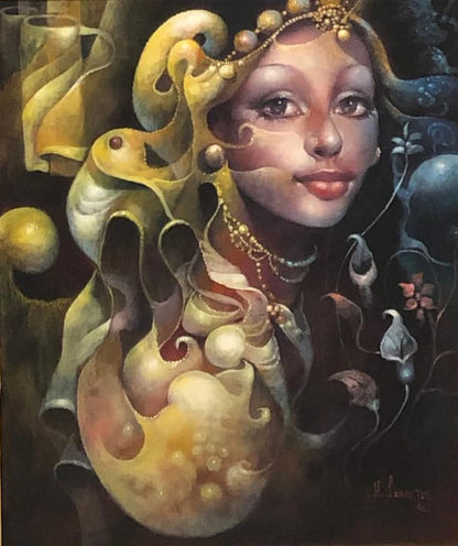 Hervé Lebreton 24"x20" Lady/Shell 1996 Acrylic on Canvas Framed #2FC