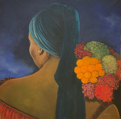 Jean-Claude Legagneur 50"x50" Woman in Flowers 2002 Oil on Canvas Gallery-Wrapped Painting #1MFN