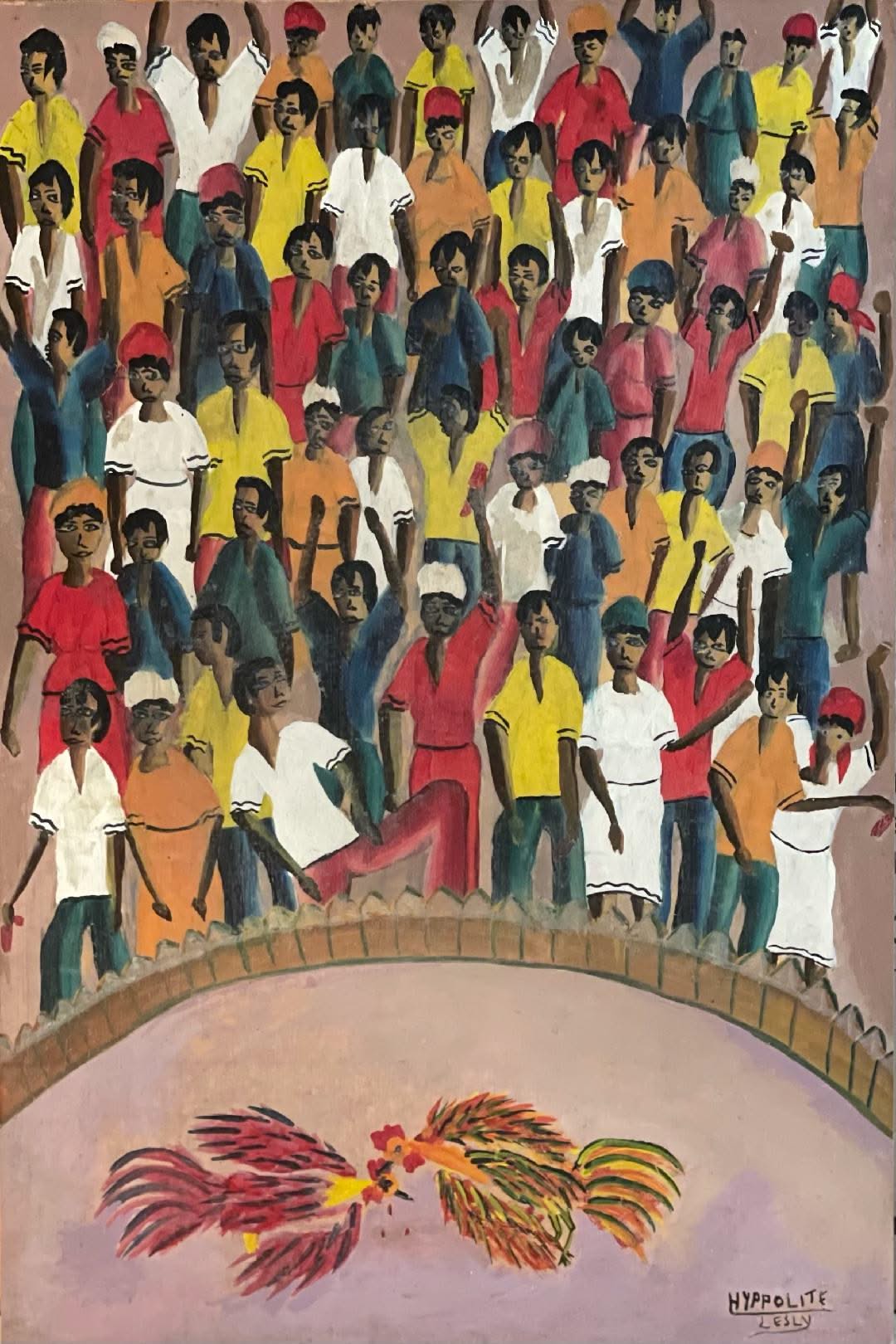 Hyppolite Lesly 24"x16" Cockfight 1980 Oil on Board #1HL