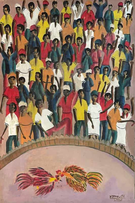 Hyppolite Lesly 24"x16" Cockfight 1980 Oil on Board #1HL