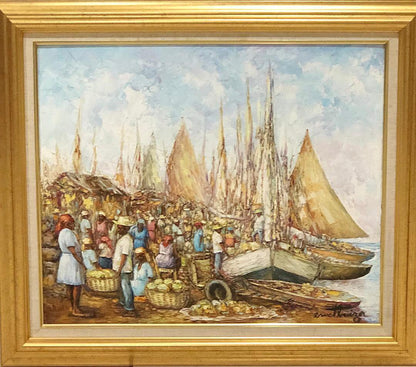 Ernst Louizor (1938-2011) 20"x24" Market at Port Oil on Canvas Painting #1FC