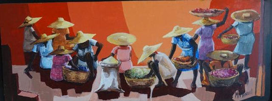 Michele Manuel (1935-2022) 8"x21" Market Days 2005 Acrylic on Canvas Painting #1RP