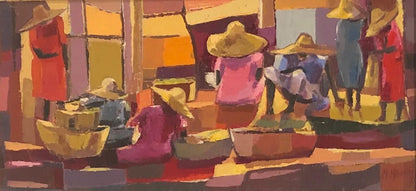 Michele Manuel 8"x17.5" The Market  Acrylic on Board Framed #2FC