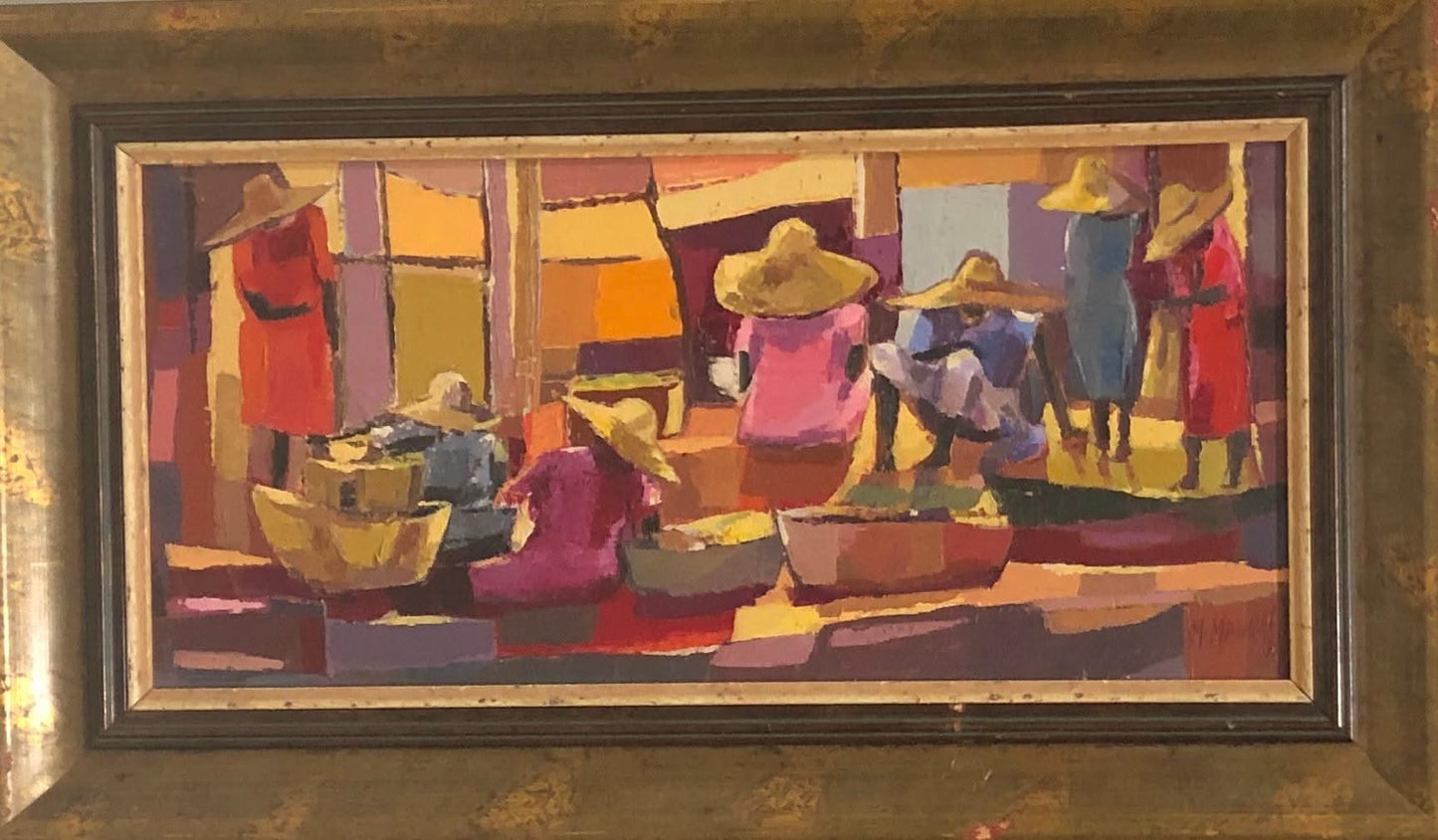 Michele Manuel 8"x17.5" The Market  Acrylic on Board Framed #2FC