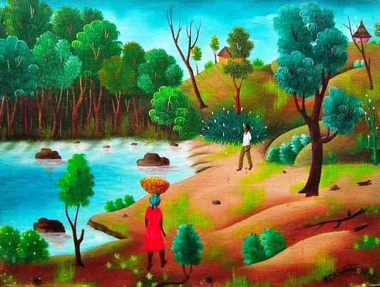 Painting of a woman carrying a basket by a river with trees and a house in the background.