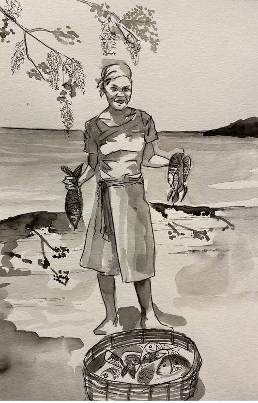 Alexa Masucci 8.5"x11" 2020 " Fish Vendor Under Flamboyants" Watercolor & Ink on Paper Unframed #5AM