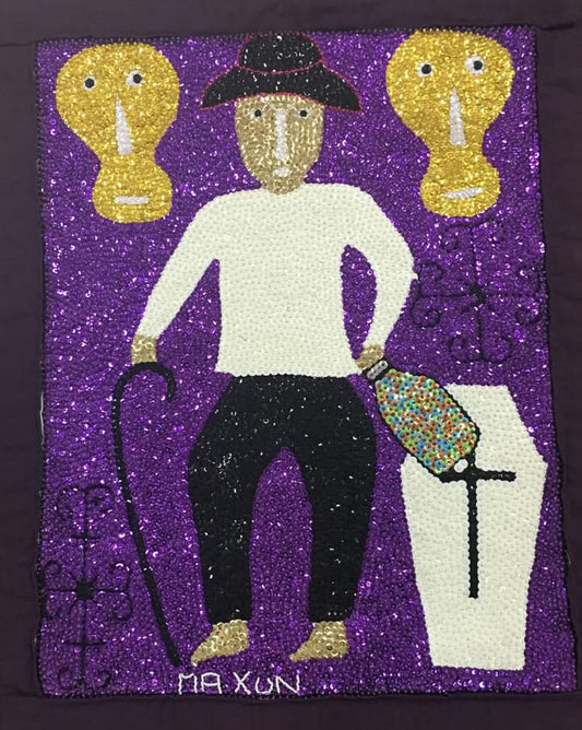 Maxon Scylla 29"x33" Baron Samedi & His Loas Haitian Sequined  and Beaded Voodoo Flag on Satin, 2017  #5MFN