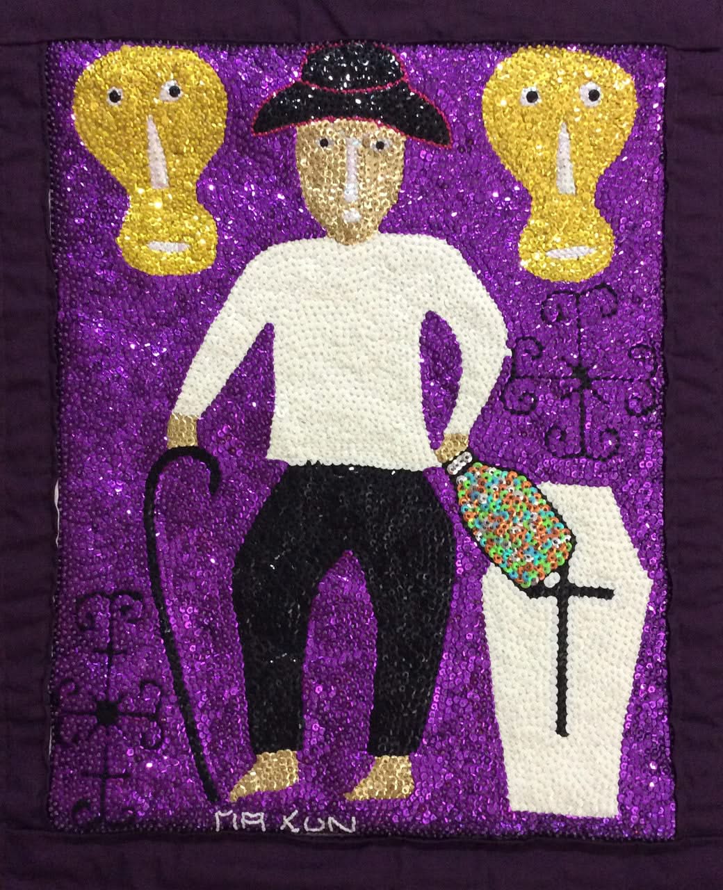 Maxon Scylla 29"x33" Baron Samedi & His Loas Haitian Sequined  and Beaded Voodoo Flag on Satin, 2017  #5MFN