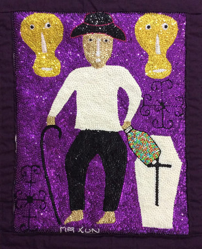 Maxon Scylla 29"x33" Baron Samedi & His Loas Haitian Sequined  and Beaded Voodoo Flag on Satin, 2017  #5MFN