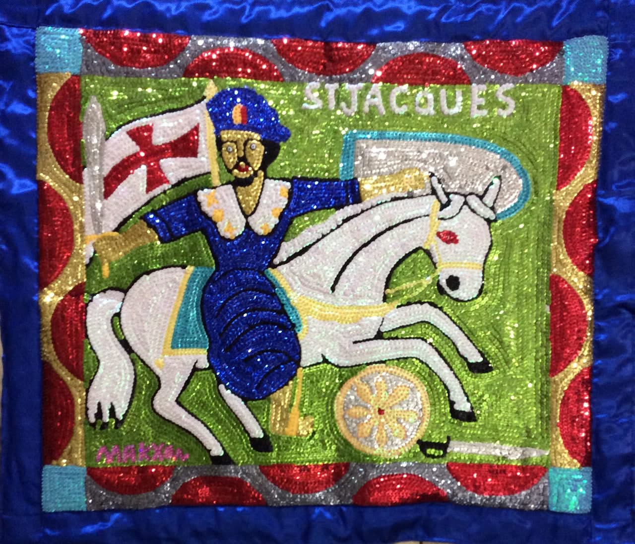 Maxxon Scylla 31"x36" Saint Jacques Le Majeur  Haitian Sequined  and Beaded Voodoo Flag on Satin, 2017  #1MFN