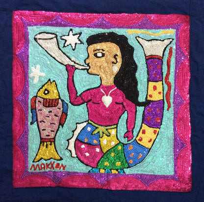 Maxxon Scylla 33"x33" La Sirene/Whale Haitian Sequined and Beaded Voodoo Flag on Satin, 2017 #4MFN