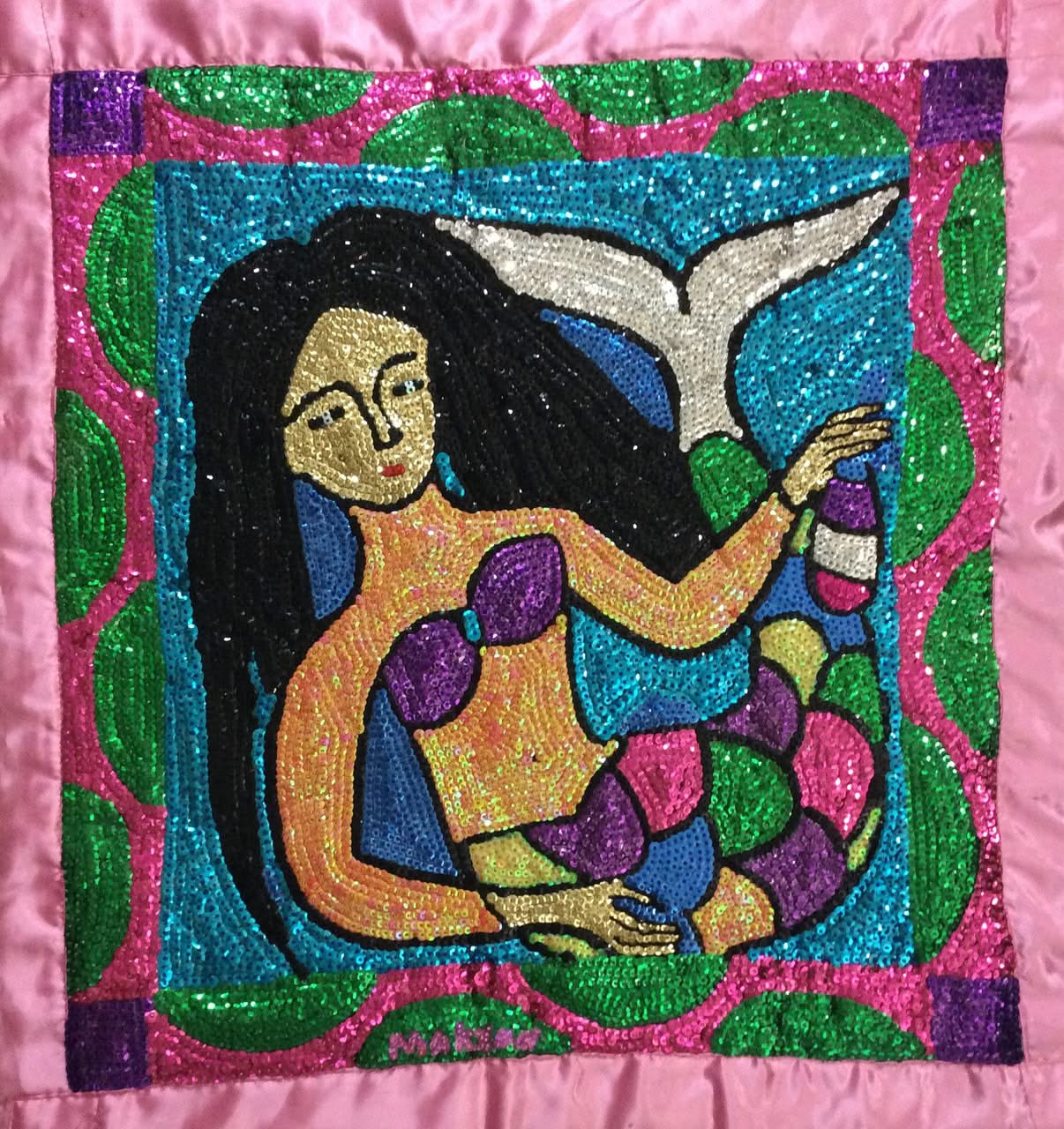 Maxxon Scylla 33.5"x32"  La Sirene Haitian Sequined  and Beaded Voodoo Flag on Satin, 2017  #2MFN