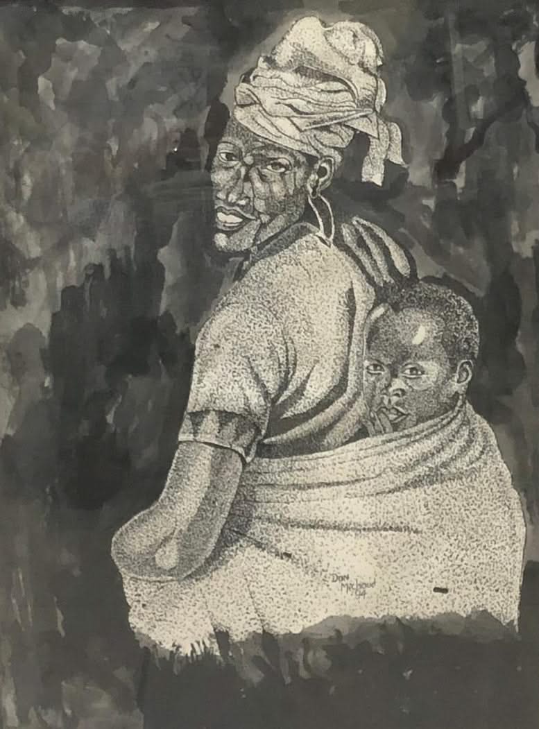Don Michaud 23 ⅛"x17 ½" Mother & Child 1994 Drawing on Paper Framed Under Glass #2FC