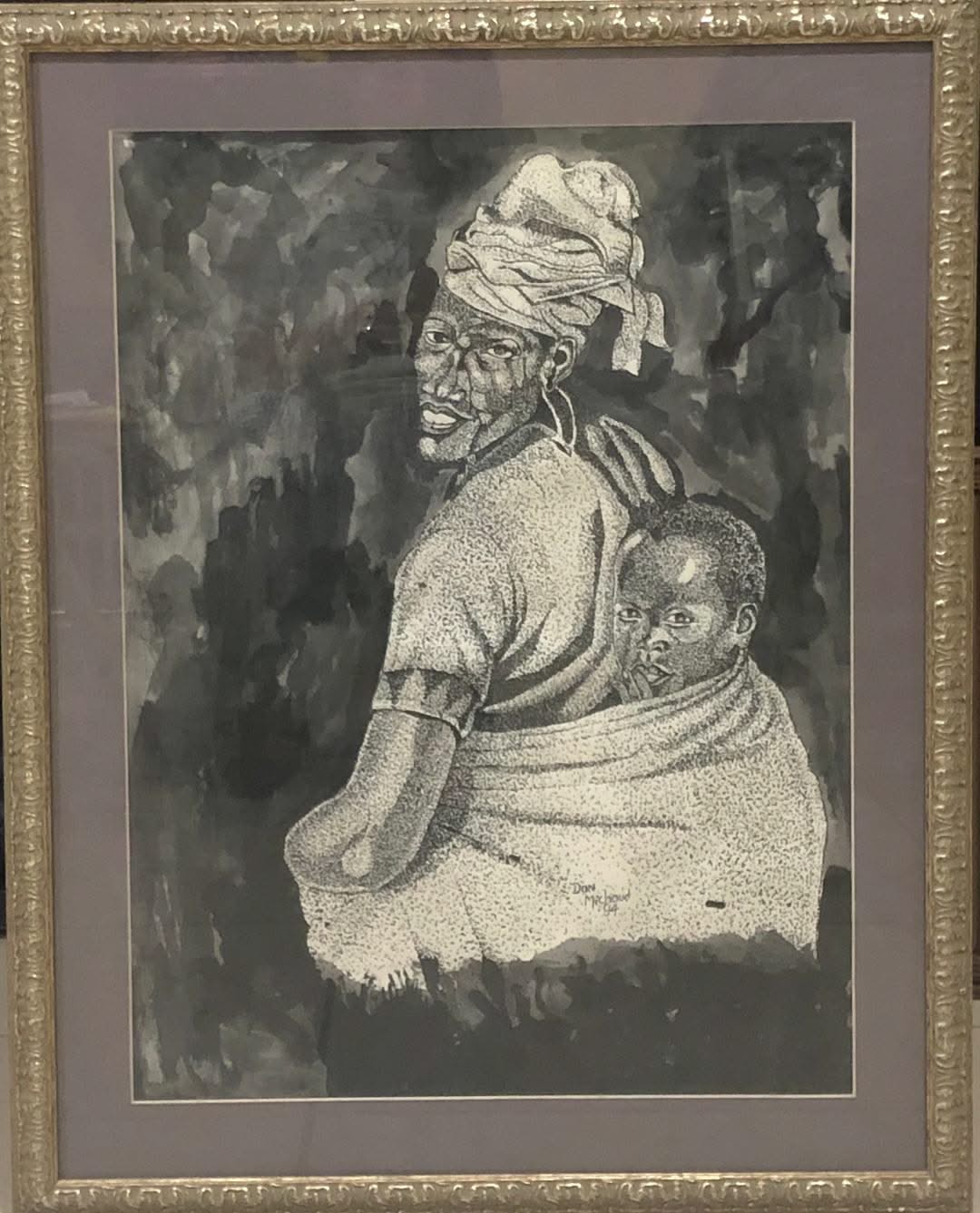 Don Michaud 23 ⅛"x17 ½" Mother & Child 1994 Drawing on Paper Framed Under Glass #2FC