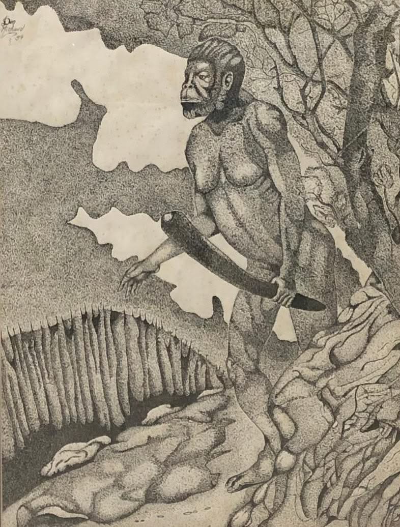 Don Michaud 25"x20" The Neanderthal 1994 Drawing Framed Under Glass #1FC