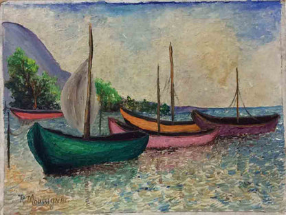 Roussel Moussignac 11"x14" Four Sailing Boats 1972 Oil on Board #2-2-95MFN