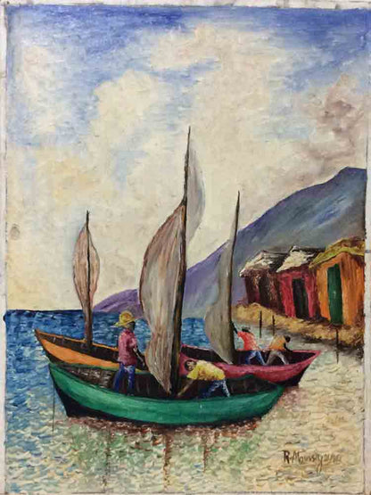 Roussel Moussignac 14"x11" Three Boats 1972 Oil on Board #1-2-95MFN