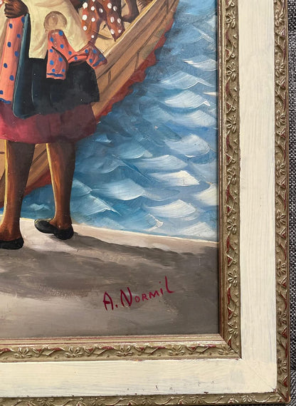 Andre Normil (1934-2014) 20"x30" Scene At The Port c1960  Oil on Masonite Painting #1GSN-NY