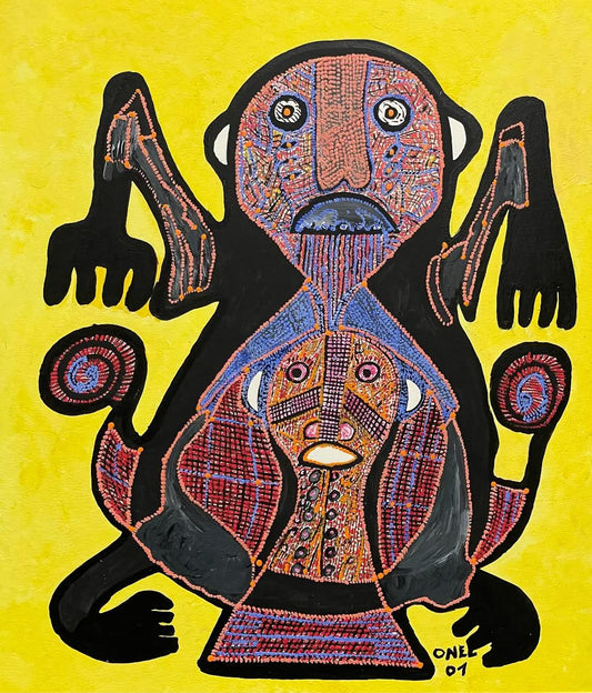 Onel-Lionel Paul 16 ¼"x13 ⅞"  Abstract/Two Spirits in Yellow Background 2001 Acrylic Painting on Bristol Paper Mounted #3MFN