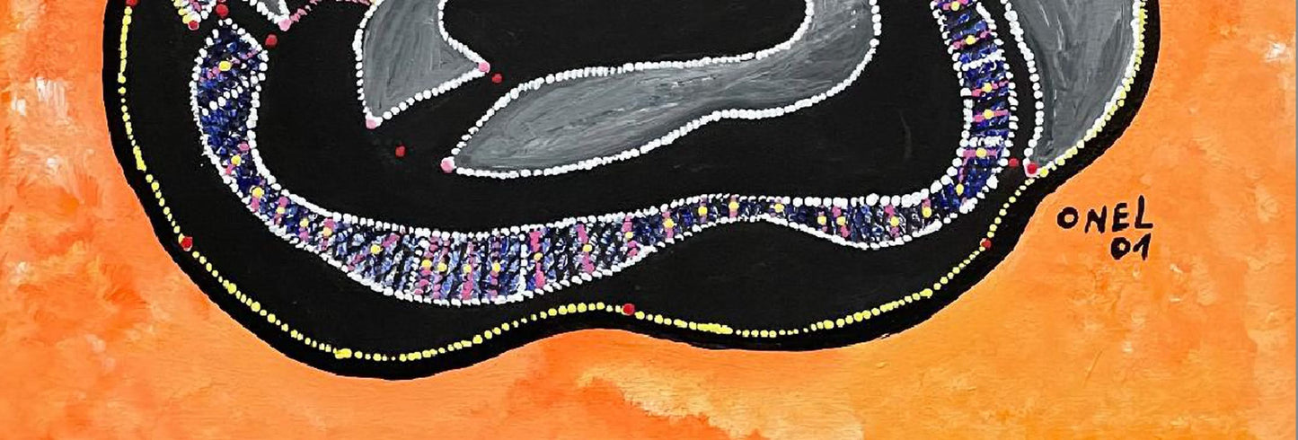 Onel-Lionel Paul 16 ¼"x13 ⅞"  Abstract/Spirit and Snakes  in Orange Background 2001 Acrylic Painting on Bristol Paper Mounted #4MFN