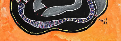 Onel-Lionel Paul 16 ¼"x13 ⅞"  Abstract/Spirit and Snakes  in Orange Background 2001 Acrylic Painting on Bristol Paper Mounted #4MFN