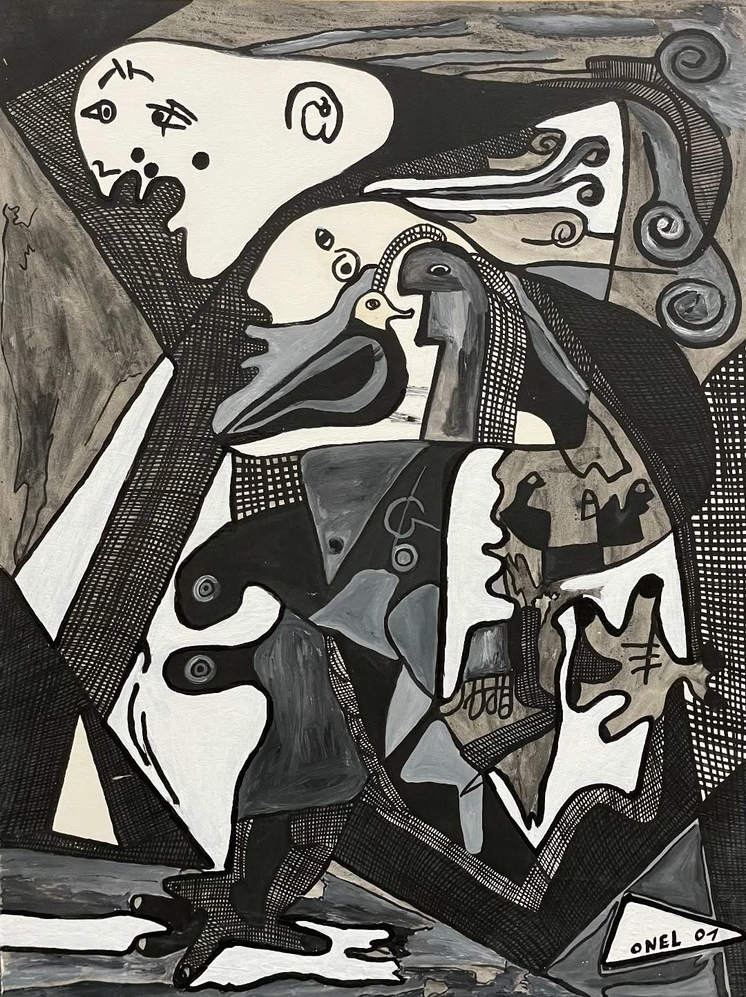 Onel-Lionel Paul 23 ⅜"x17  ¾" Black & White Spiritual Abstract 2001 Acrylic Painting on Bristol Paper Mounted #5MFN