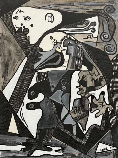 Onel-Lionel Paul 23 ⅜"x17  ¾" Black & White Spiritual Abstract 2001 Acrylic Painting on Bristol Paper Mounted #5MFN