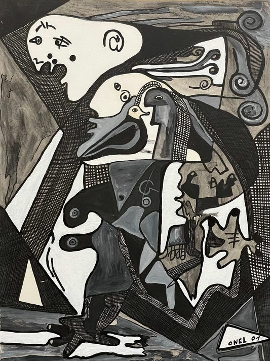 Onel-Lionel Paul 23 ⅜"x17  ¾" Black & White Spiritual Abstract 2001 Acrylic Painting on Bristol Paper Mounted #5MFN